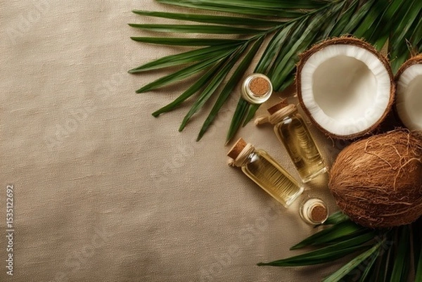 Fototapeta Natural Coconut Oil in Glass Bottles with Fresh Halved Coconuts and Palm Leaves on Textured Linen Surface with Copy Space.