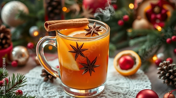 Obraz Steaming apple cider in a glass mug, garnished with a cinnamon stick and star anise, surrounded by festive decorations. A classic Christmas hot toddy with lemon and honey, steaming in a holiday mug