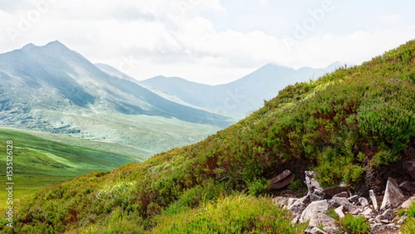Fototapeta Scenic view of Strickeen Mountain range covered in green vegetation during daytime in Ireland.