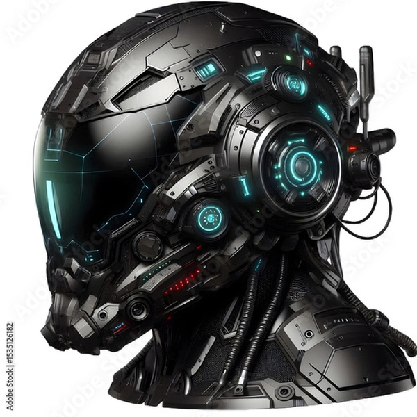 Obraz A hyper-realistic sci-fi combat helmet featuring glowing cama LED strips, metallic and carbon fiber textures, integrated HUD components, and aerodynamic contours, shown in clean studio lighting 