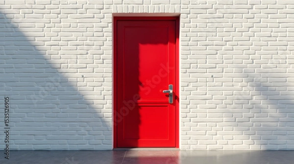 Fototapeta A bold red door standing alone in a white brick wall soft morning light highlighting contrasts inviting yet mysterious feel rich reds against whites geometric composition.