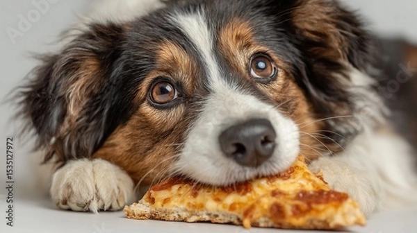 Fototapeta A messy dog happily eating a slice of pizza with cheese strings, sauce smeared on fur, white background