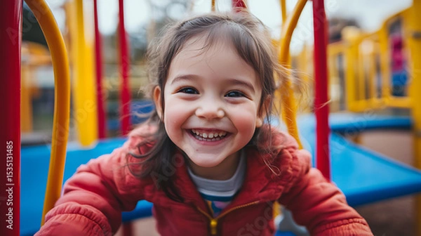 Fototapeta A joyful child smiles brightly while playing on a colorful playground structure.
