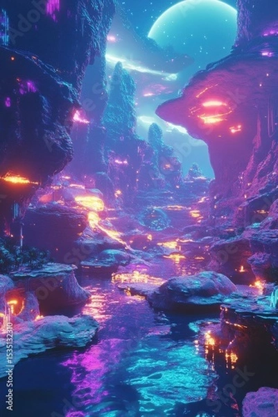 Fototapeta "Vibrant fantasy landscape with colorful rocks and lush greenery under the moon"