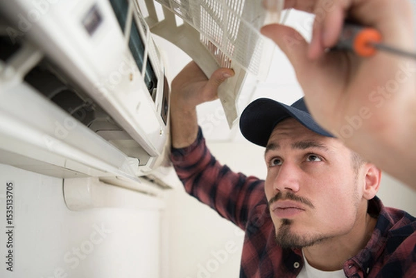 Fototapeta concentrated man is fixing air conditioning