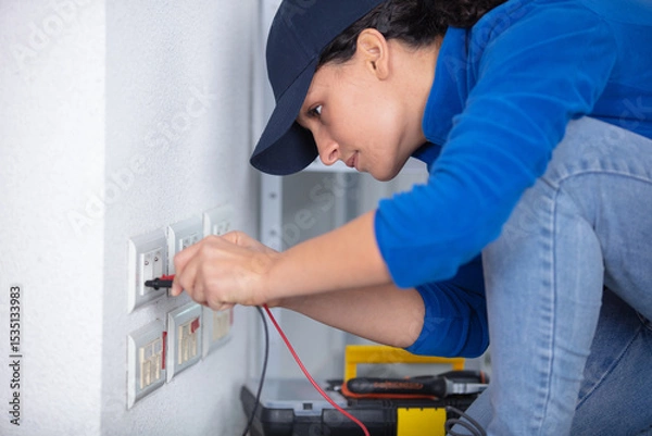Fototapeta female electrician installing a power point socket in the wall