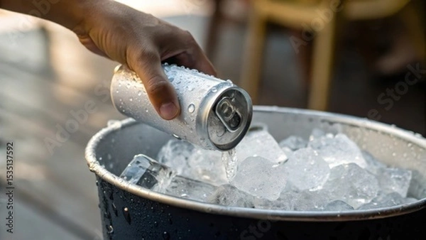 Fototapeta Chilled beverage can being placed in an ice bucket.