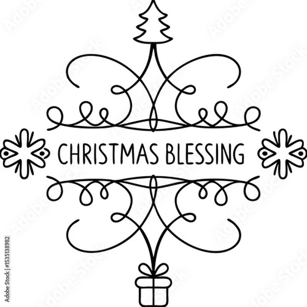 Fototapeta Christmas blessing line art design. Elegant Christmas blessing frame with tree and gift.  Christmas blessing graphic perfect for holiday cards and invitations.