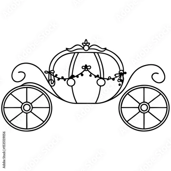 Fototapeta Elegant pumpkin carriage line art illustration.  Cinderella carriage design features ornate wheels and a regal crown. This charming carriage image is perfect for children's books.