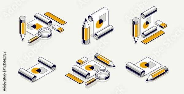 Fototapeta Engineering project concept, paper document blueprint with pencil engineer work job vector 3D isometric illustration, abstract plan drawing, cad scheme icon.