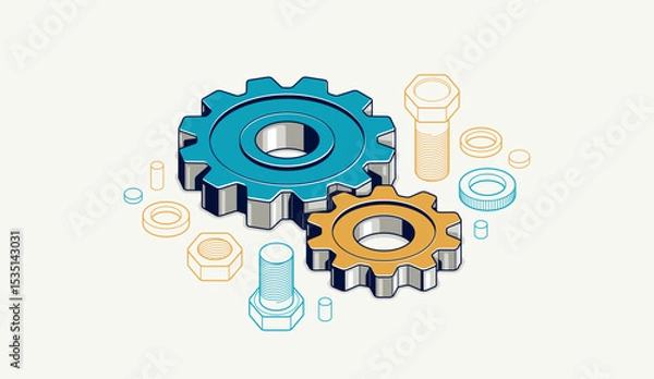 Fototapeta Mechanical engineering concept, gears and cogs composition isometric 3D vector illustration, cogwheels system technology and technics machinery engine.