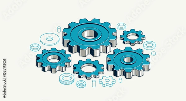Obraz Mechanical engineering concept, gears and cogs composition isometric 3D vector illustration, cogwheels system technology and technics machinery engine.