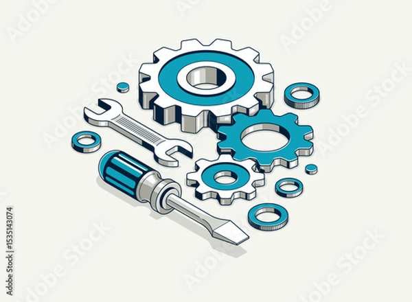 Fototapeta Mechanical engineering concept, gears and tools in 3D isometric projection vector illustration, cogwheels and cogs system technology and technics work in progress.