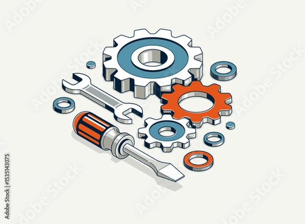 Obraz Auto service concept, gears and tools in 3D isometric projection vector illustration, automobile car repair garage workshop, fix the breakage.