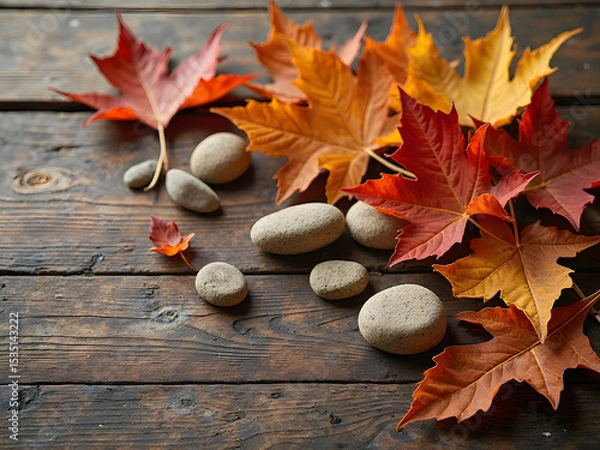 Obraz Autumn Mood Flatlay with Dry Leaves and Rough Stones: Flatlay featuring crisp dry leaves in warm tones placed beside textured stones on a wooden table for an autumnal rustic mood.