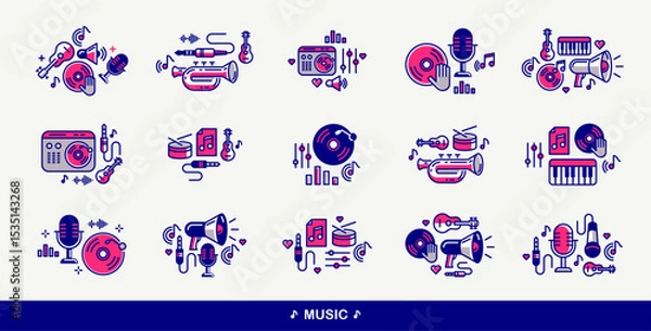 Fototapeta Music and recording studio vector detailed icons set, sound producing and audio engineering bundle, playing instruments.