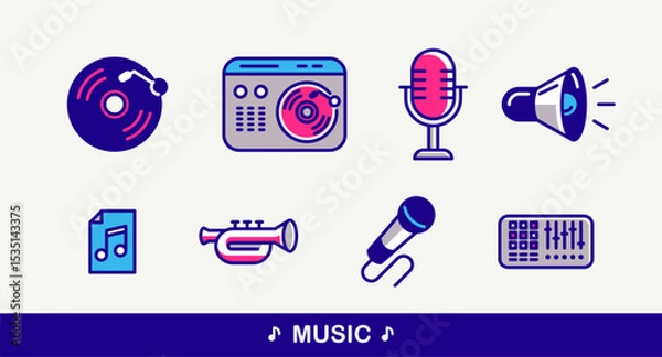 Fototapeta Music and sound producing vector detailed icons set, recording studio mix audio, audio engineering bundle.