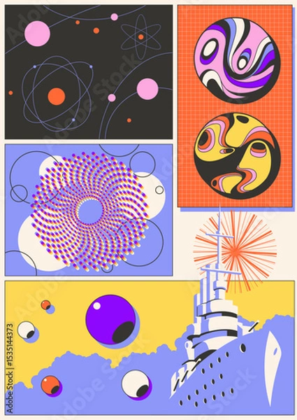 Fototapeta Abstract Geometric Posters 3D Effect Shapes, Perspectives and Dimensions. 1980s Colors Combination