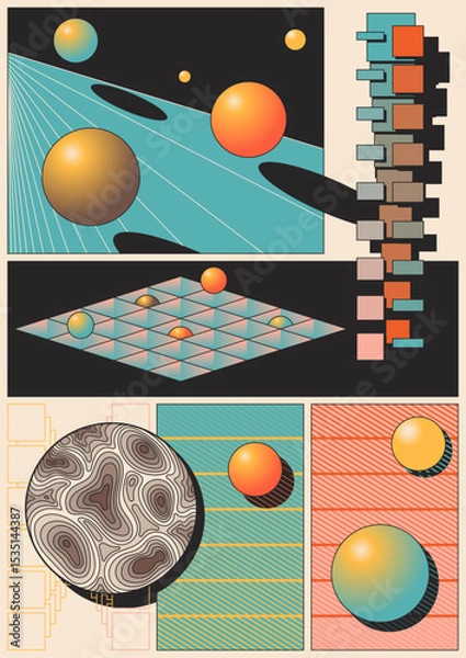 Fototapeta Abstract Geometric Posters 3D Effect Shapes, Perspectives and Dimensions. 1980s Colors Combination