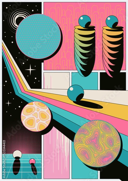 Fototapeta Abstract Geometric Posters 3D Effect Shapes, Perspectives and Dimensions. 1980s Colors Combination