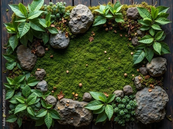 Obraz Flatlay of Moss, Leaves, and Forest Stones: Flatlay with forest moss, fresh green leaves, and rugged forest stones on a dark wooden surface, creating a lush forest floor scene.