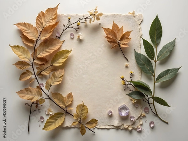 Obraz Flatlay with Pressed Leaves and Small Crystals: A creative flatlay combining pressed leaves, translucent crystals, and textured paper on a neutral background for a natural and mystical feel.