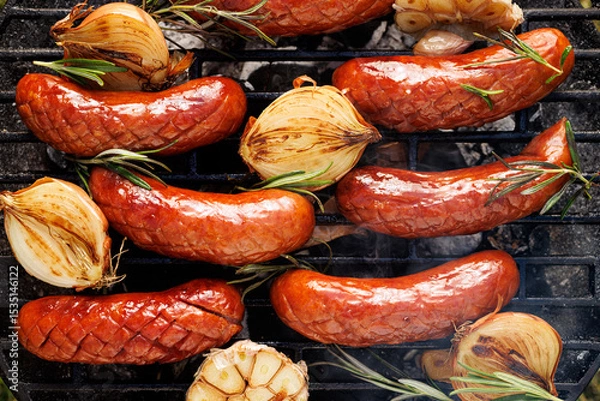 Obraz Grilled pork sausages with addition onion and garlic on a cast iron grill,  top view