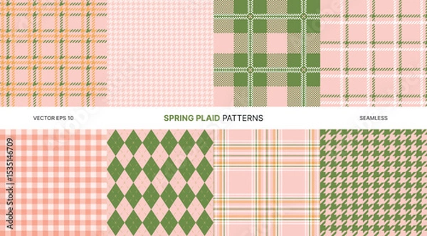Fototapeta Seamless vector patterns for spring in pink green and gold hues with tartan gingham argyle and houndstooth textures ideal for wrapping fashion textiles decor digital scrapbooking and seasonal design