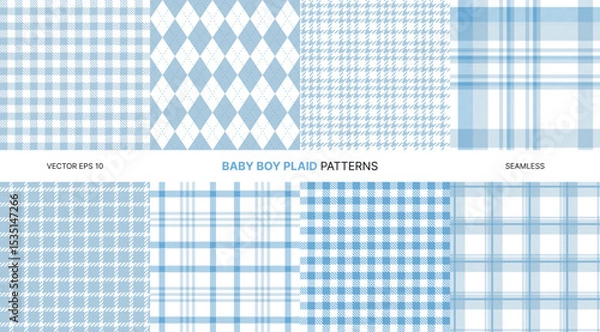 Fototapeta Seamless vector patterns for baby boy with soft blue plaid gingham tartan houndstooth argyle textures perfect for nursery textile wallpaper packaging backgrounds cute delicate baby shower design
