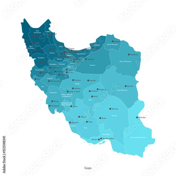 Fototapeta Vector isolated illustration of simplified administrative map of Iran. Borders and names of the provinces, regions, big cities and towns with nuclear objects. Blue silhouettes. White outline.