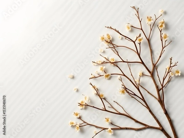 Obraz Natural Flatlay with Mixed Tree Branches on Linen: Flatlay of various small tree branches and twigs placed organically on a neutral linen fabric background with soft daylight.