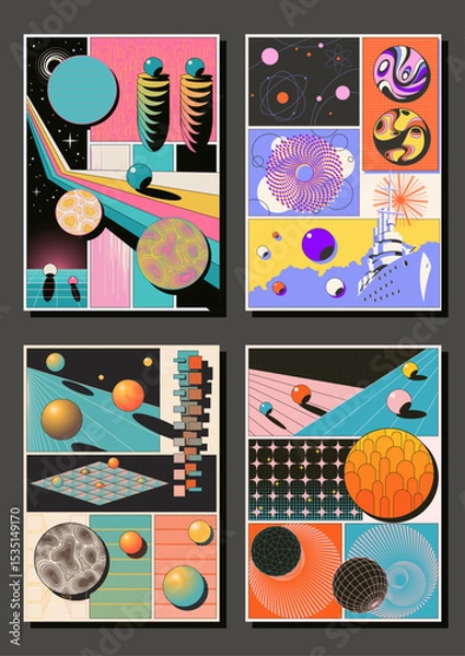 Fototapeta Abstract Geometric Posters 3D Effect Shapes, Perspectives and Dimensions. 1980s Colors Combinations