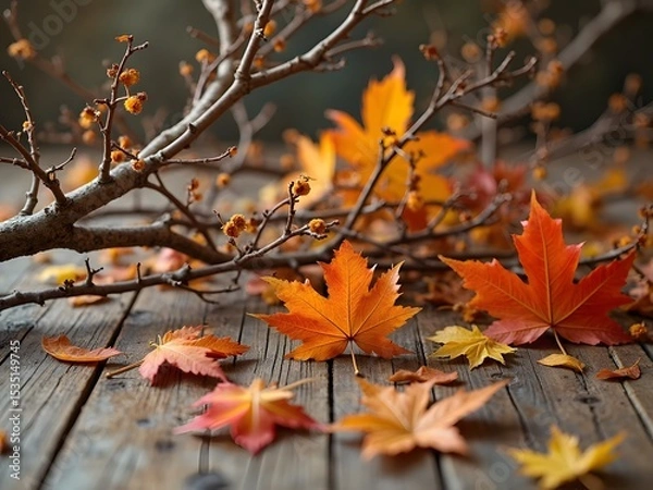 Obraz Flatlay of Autumn Branches with Fallen Leaves: Flatlay featuring dry brown branches with orange, red, and yellow leaves scattered around on a wooden table for a warm autumn feel.