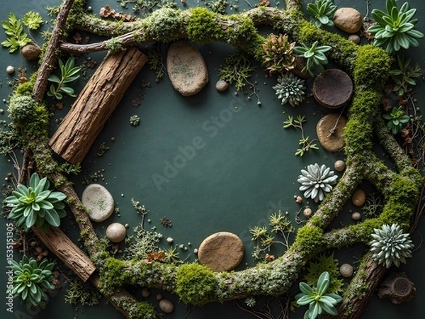 Obraz Flatlay with Mossy Branches and Forest Floor Elements: Flatlay of moss-covered branches, pebbles, bark pieces, and lichen set on a dark green background for a mystical forest floor effect.