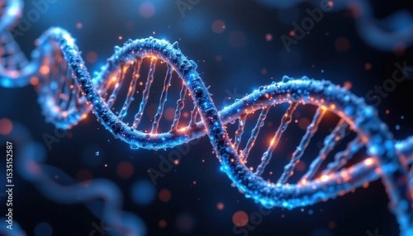 Fototapeta three dna helices interwoven into one structure, glowing with blue aura, floating in 3d space