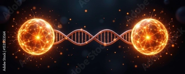 Fototapeta dna model stretching between two glowing spheres, symbolic of connection