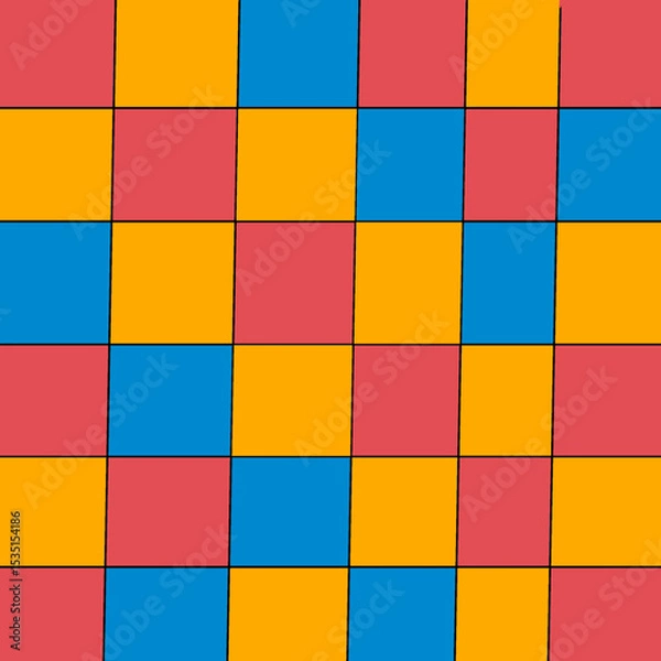 Fototapeta Seamless checkered pattern. Consists of 3 colors red, orange and blue. Attractive poster. Trendy background for designs and cards, posters, covers, packages, wrapping paper.