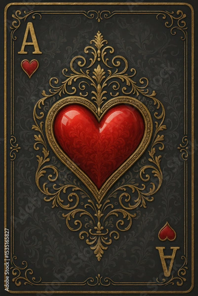 Fototapeta Ornate playing card, Ace of Hearts, ornate design, dark gray background, textured with subtle cracks, gold decorative elements, glossy red heart