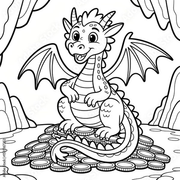 Obraz Cute Baby Dragon Sitting on a Pile of Gold Coins