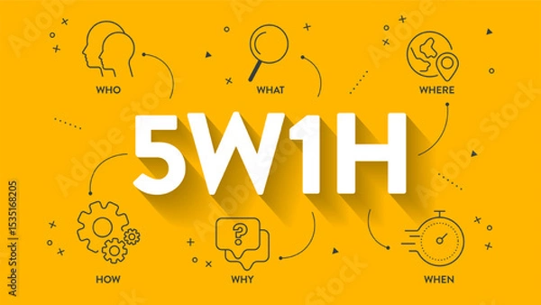 Obraz 5w1h analysis diagram vector is cause and effect flowcharts, it helps to find effective solutions for problems or for structuring organization, has 6 steps such as who, what, when, where, why and how.