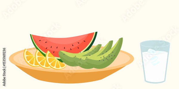Fototapeta Still life with healthy food such as snacks, summer fruits, glass of milk. Composition with meals and healthy drinks isolated on white background.