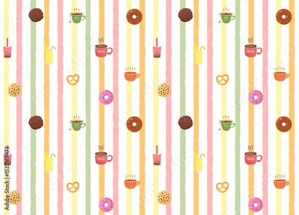 Fototapeta colorful cute stripes background with food and drink, seamless pattern.