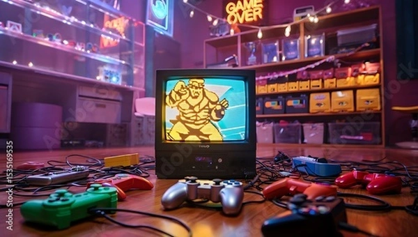 Fototapeta Retro Gaming Nostalgia 80s and 90s Video Game Console and Controller Collection