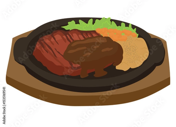 Fototapeta Illustration of steak on an iron plate, equipped with vegetables and mashed potato.