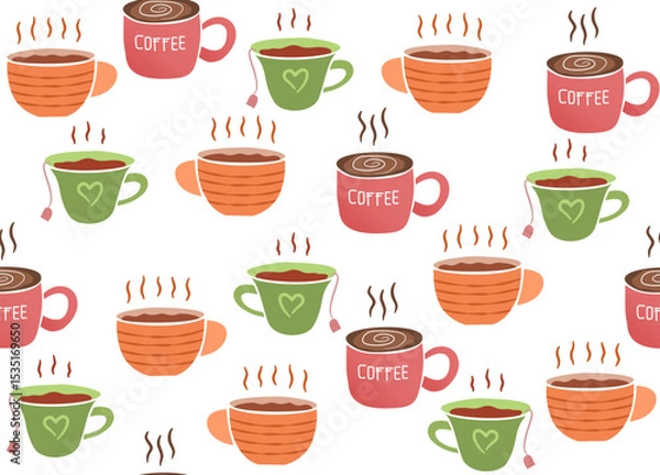 Fototapeta Seamless pattern with flying hot cups of coffee and tea. Cute colorful tea cups with steam vector background.