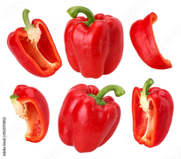 Fototapeta red sweet bell pepper, half and slices isolated, transparent PNG, PNG format, Pepper isolated set