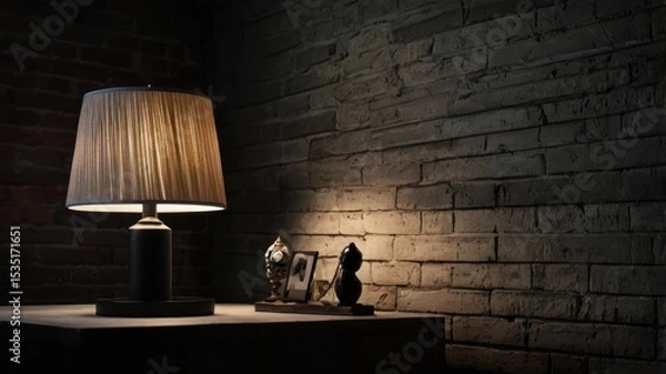 Fototapeta Dimly lit table lamp beside brick wall