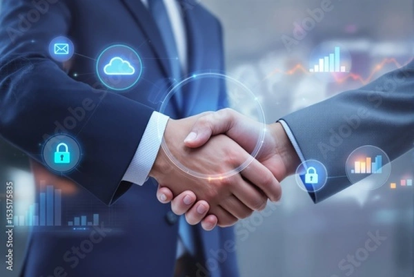 Fototapeta Business handshake with digital technology icons on blurred background.