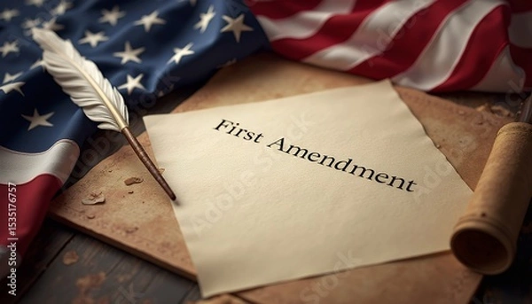Fototapeta First Amendment text with flag and quill