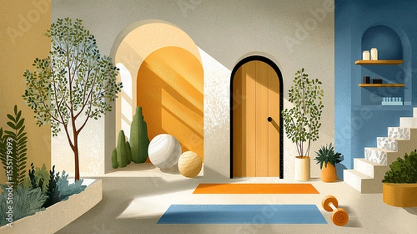 Obraz Tranquil Home Entryway: A beautifully designed home entrance, featuring an inviting wooden door, and bright indoor atmosphere. Embracing the warmth of natural light and embracing serenity.